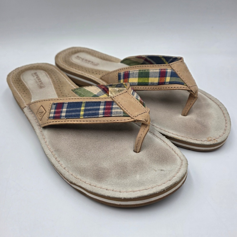 Sperry Top-Sider Womens 7M Plaid Leather Thong Sandals Tan Multi 9777106 CH19